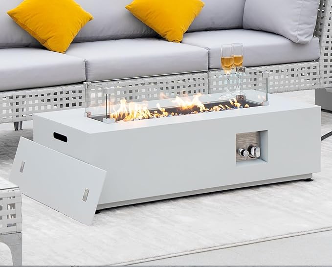 NICESOUL 42'' Outdoor Rectangle Fire Pit Table, Modern Low Profile Patio Firepits with Tank Table, 50,000 BTU Firepit Table for Outside, Exterior, Porch, Backyard or Garden, No Assembly, Grayish white