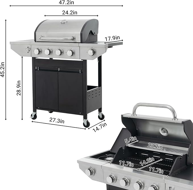 Endark BBQ Grill with 5-Burner Propane Gas Grill, Barbecue Grill 46500 BTU Stainless Steel with Side Burner, Porcelain Grates & Dual Shelves, Wheeled Portable for Backyard, Patio, Garden Cooking