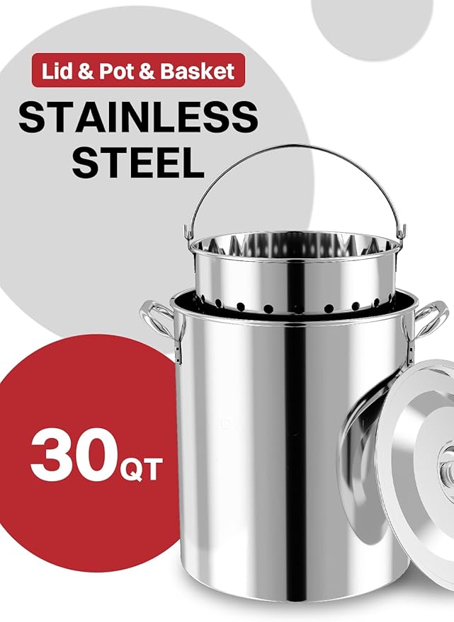 30QT Stainless Steel Turkey Fryer | Seafood & Crawfish Boiler | Basket, Cover & Skimmer Included | 50,000BTU Propane Burner | Perfect Fryer Kit for Holiday and Seasonal Cooking