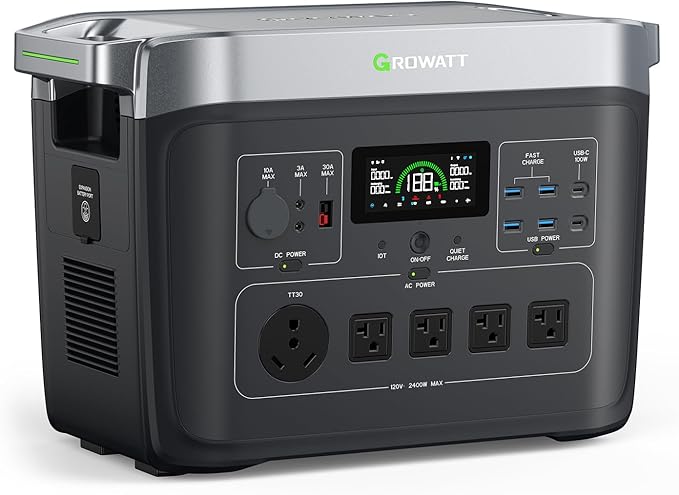 GROWATT Portable Power Station ，INFINITY 2000 Black Electric Solar Generator，2048Wh LifePO4 Battery,2400W AC Output for Home Use, Outdoor Camping, RVs and Emergency Backup(Solar Panel Optional)
