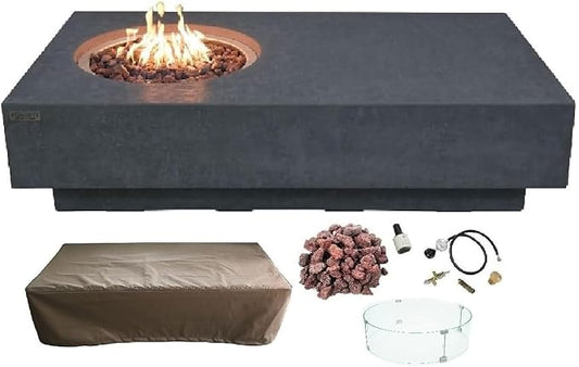Elementi Metropolis Gas Fire Pit Cast Concrete Fire Table, Outdoor Fire Pit Electronic Ignition | Canvas Cover, Lava Rock Included | Free AMS Wind Guard | Dark Gray (Propane Gas)