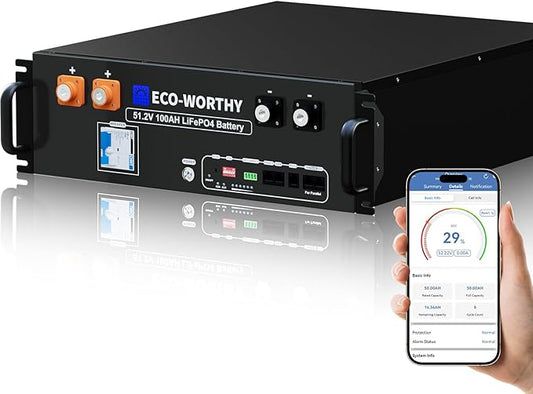 ECO-WORTHY 48V 100Ah LiFePO4 Lithium Battery w/Bluetooth | UL1973 & UL9540A & CEC Listed | 5120Wh Server Rack Battery for Solar Energy Storage, Home Backup Power