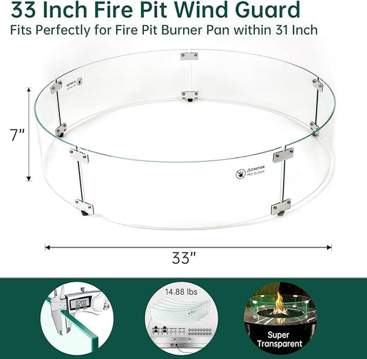 33" x 33" x 7" Round Fire Pit Wind Guard - Durable Fire Pit Glass Wind Guard with Aluminum Corner Brackets for Outdoor Firepit or Gas Fire Table, Easy Assembly