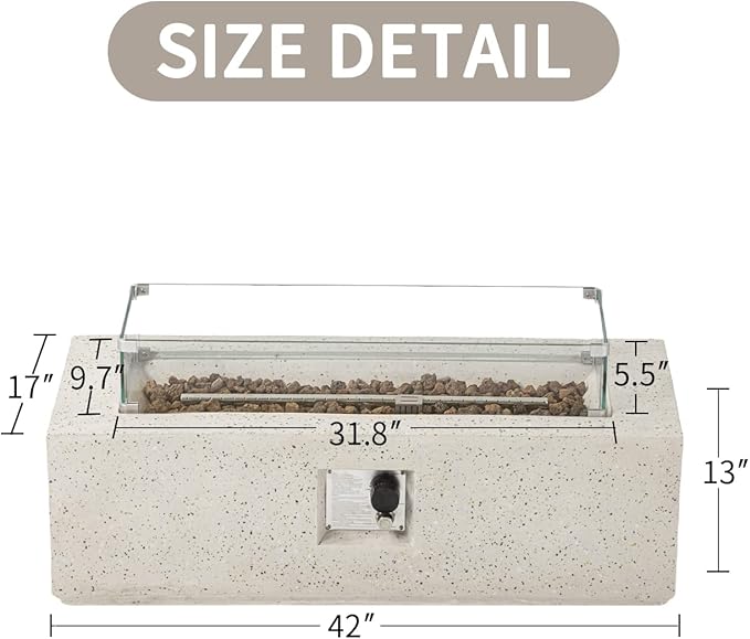 SUNBURY Outdoor Propane Fire Pit Coffee Table, 42 Inch Rectangular Firepit Table w Wind Guard, 40,000 BTU Spotted White Concrete Patio Gas Heater Fire Table w Free Waterproof Cover, Lava Rocks