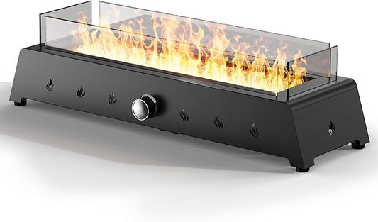 28'' Tabletop Fire Pit Table, 40,000 BTU Propane Fire Pit with Bottom Air Intake and Umbrella Hole, Outdoor Portable Fireplace Rectangular Fire Bowl w/Wind Glass Shield, Laval Rocks - Black