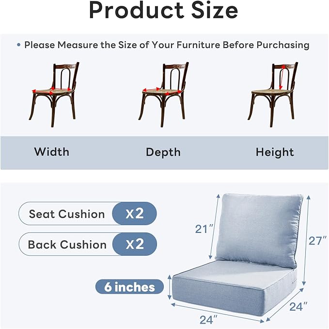 6" Thicker Outdoor Chair Cushion 2 Sets - 24" *24" *6" Waterproof Patio Furniture Cushions with Removable Cover, 28D High Density Sponge Filling Thicken Outdoor Patio Cushions - Baby Blue