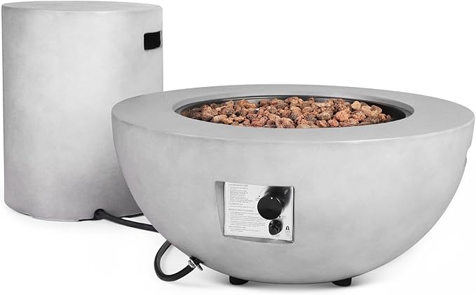 31.5 Inch Outdoor Propane Fire Pit Table,50,000 BTU Concrete Gas Fire Pit with Lid,Round Tank Cover & Burner Bowl CSA Certification,Fire Coffee Table for Patio,Garden,Deck,Backyard-Grey