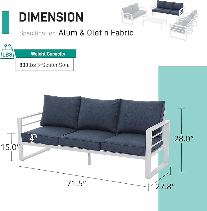 Patiorama Aluminum Patio Furniture Set, Outdoor Patio 3-Seater Sofa, 3 Seats Couch, All Weather White Metal Chair with Olefin Cushion, Deep Seating, 800 lbs Capacity, Deck, Garden-Blue Cushion