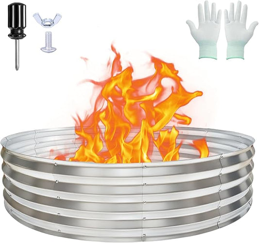 60 Inch Large Round Fire Pit Ring, Galvanized Steel Outdoor Bonfire Ring for Backyard & Camping, Sturdy, Rust-Proof & Easy to Install (5×5×1 FT)