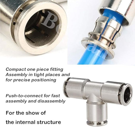 Beduan Push to Connect Tube Fitting Union Tee, Copper Nickle-Plated 1/2" Tube OD 3 Way Tee Shaped Union Adapter Fitting