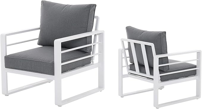 Patiorama Aluminum Patio Furniture Set, 2 PCS Outdoor Armchairs Single Sofa Couch, All Weather White Metal Chair with Olefin Cushion, Deep Seating, 300 lbs Capacity, Deck, Garden-Grey Cushion