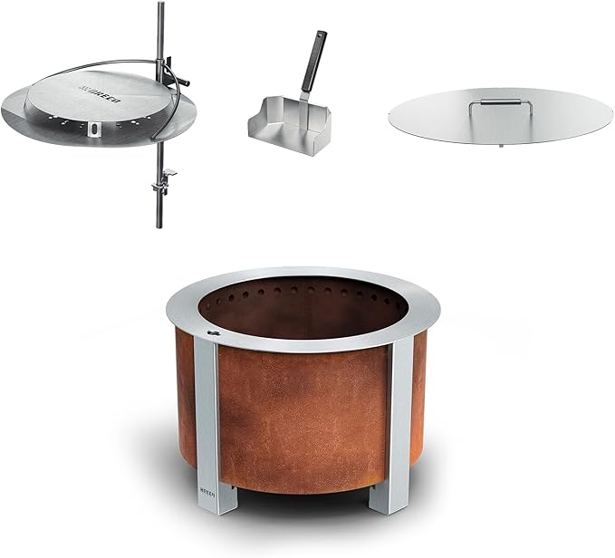 Breeo Smokeless Fire Pit Warmth Bundle (X Series 24 Corten Steel, Heat Deflector, Ash Shovel, & Lid) | 27.5 inch Smokeless Firepit for Outside | Ideal for Families, Gifts for Dad