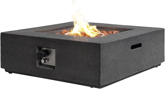 SUNBURY Outdoor Travertine Fire Pit Table, 35 inches Square Propane Gas Patio Fire Pit 50,000 BTU Concrete, Low Firepit Table with Lava Rocks, Waterproof Cover, Grey