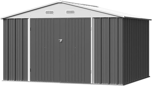 Furniwell 10x8 FT Outdoor Storage Shed, Metal Garden Sheds Outdoor Storage House with Single Lockable Door for Backyard Patio Lawn, Gray