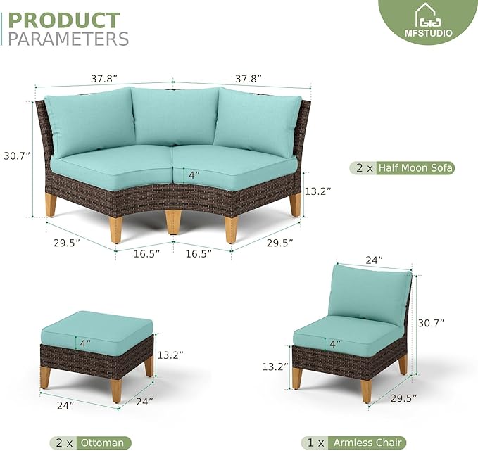 MFSTUDIO 7 Pieces Extra Large Wicker Patio Furniture Set, All-Weather Rattan Outdoor Conversation Half-Moon Patio Sectional Sofa Set, 4 x Curved Sofa, 1 x Armless Sofa, 2 x Ottomans(Aqua Blue Cushion)
