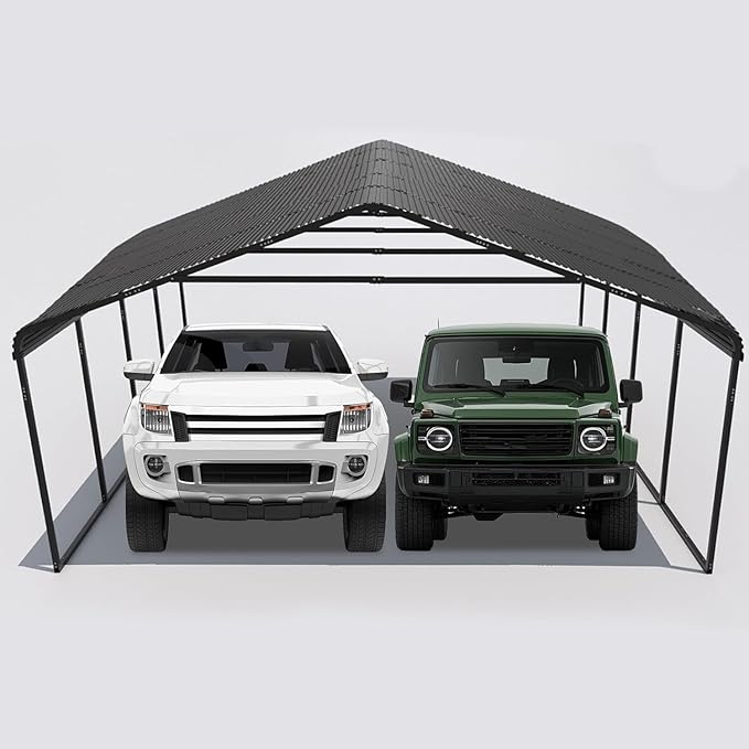 20x20 ft Metal Carport for Outdoor Garages Steel Heavy Duty Portable Garage with Large Tall Carports Canopy for Snow, Car Ports with Galvanized Steel Roof & Frame - Grey