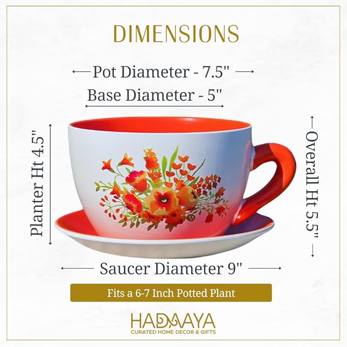 7.5" Round Ceramic Teacup Shape Planter Pot with Saucer for Succulents Orchids Herbs Cactus Indoor Houseplants Flowers for Home Garden and Event Decor – Orange Poppy Floral