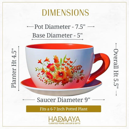 7.5" Round Ceramic Teacup Shape Planter Pot with Saucer for Succulents Orchids Herbs Cactus Indoor Houseplants Flowers for Home Garden and Event Decor – Orange Poppy Floral