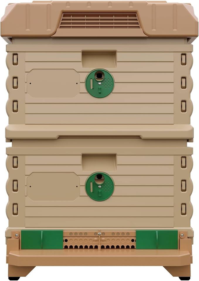 Apimaye Ergo Insulated 10 Frame Bee Hive Set [NO Frames Included] (Double Deep, Tan Body Green Entrance)