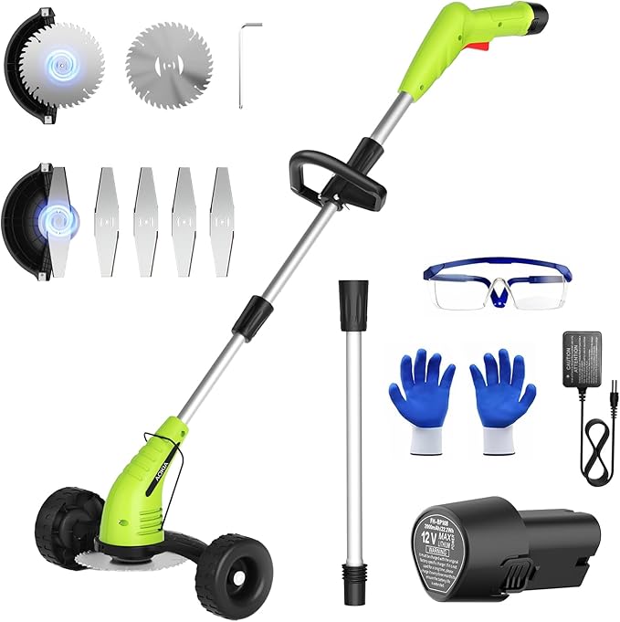 Electric Weed Wacker Cordless： String Trimmer with Roller 2Types Blades - 2.0Ah 12V Battery Powered Lightweight Grass Cutter/Mower for Yard and Garden, Green