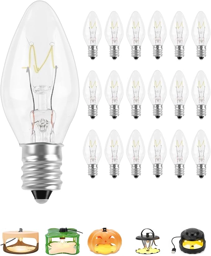 PACETAP 18Pack 7W C7 Night Light Replacement Bulbs with E12 Candelabra Base for Salt Lamps, Window Candles and Chandeliers, C7 Nightlight Bulb for Outdoor String Lights Warm White 2200k