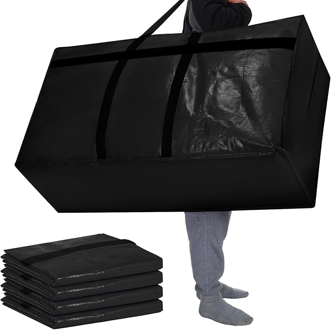 Windyun 4 Pack 98 Gallon Extra Large Storage Bags XXL Moving Bags with Zipper Handles Heavy Duty Jumbo Big Tote Box for Christmas Tree Storage 4, 5, 7.5, 9, 10, 12 ft Skeleton College Dorm(Black)