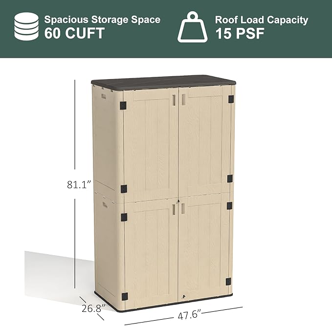 Vertical Outdoor Storage Shed, 60 Cu.Ft Resin Storage Cabinet Waterproof with Lockable Floor, All-Weather Tall Backyard Shed for Patio Furniture, Garage, Garden, Porch (Khaki)