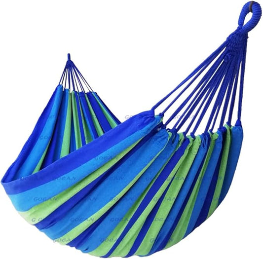 GOCAN Brazilian Double Hammock 2 Person Extra Large Canvas 250x160cm Total Length 350cm Load 500lb Cotton Hammock for Garden Outdoor and Indoor Blue/Green(98 * 65'')