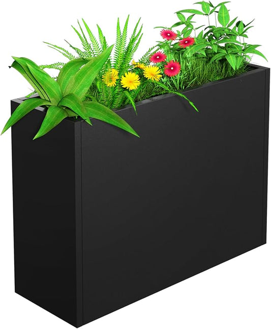 Metal Planter, 38L x 10W x 30H, Heavy Duty Tall Planters for Outdoor Plants, Black Planters with Removable Insert Shelf, Large Planters with Drainage Holes for Porch, Patio and Yard, Black
