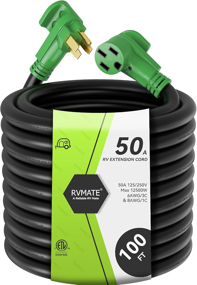 RVMATE 50 Amp 100 Feet RV/EV Extension Cord, Easy Plug in Handle, 14-50P to 14-50R with LED Indicator, ETL Listed
