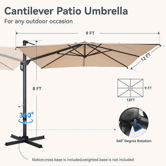 GREEN PARTY 9x12 ft Cantilever Patio Umbrella with Base, Rectangle Offset Outdoor Umbrellas with 360° Rotation, 5-Year-Non-Fading Hanging Pool Umbrella for Garden Deck Poolside - Beige