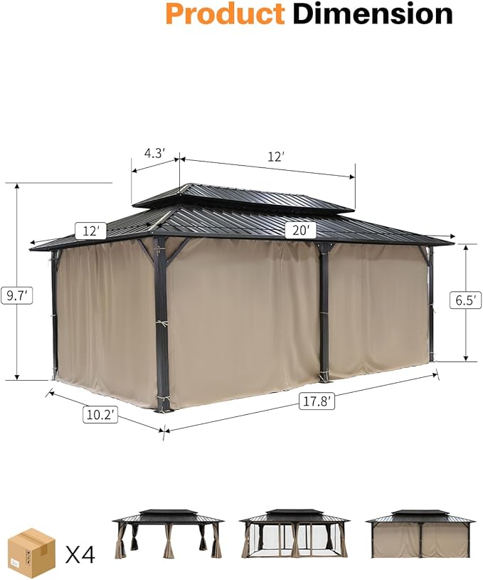 SEEHILL 12' x 20' Hardtop Gazebo, Outdoor Patio Gazebo, Aluminum Frame Patio Hardtop Gazebos with Netting and Curtain, Outdoor Patio Pergola with Double Steel Roofs for Deck, Lawns, Parties, Sandstone