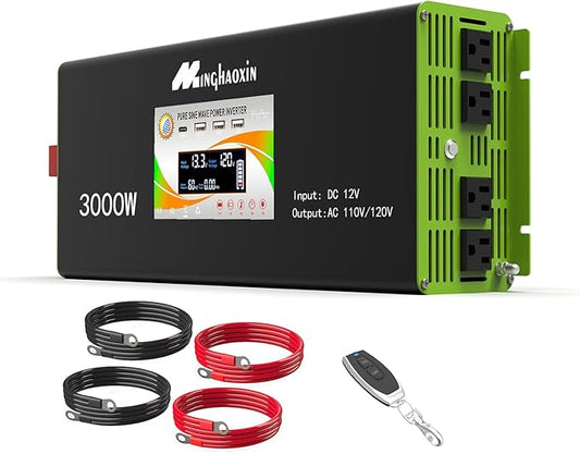 3000W Pure Sine Wave Power Inverter 12V DC to 110/120V AC, 4 AC Outlets, 3 USB + 1 USB c Ports, LCD Display & Remote Control, Dual Cooling Fans, for RV, Truck, Home, Off-Grid Solar System