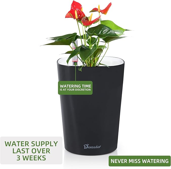 Dexceder 6x7 Self Watering Planter Indoor Outdoor, High Gloss Table Flower Plant Pot with Water Level Indicator (Black)