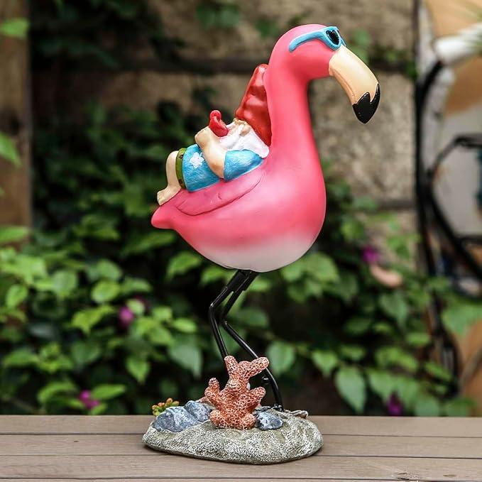 Jy.Cozy Gnome Garden Statue Funny Gnome Reclining on Flamingo Dwarf Figurines Resin Garden Gnomes Fall Decorations Outdoor for Patio Yard Lawn Porch Housewarming Ornament Gift