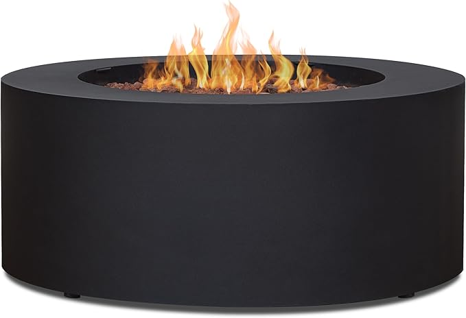 Real Flame Aegean 36" Round Propane or Natural Gas Fire Pit Table, 50,000 BTU, Powder-Coated Steel, Push-Button Ignition, CSA Certified, Lava Rock, Storage Cover, Stainless Steel Burner with Lid