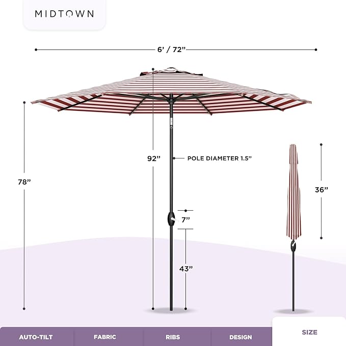 MIDTOWN UMBRELLAS The Lean 6 Feet Outdoor Umbrella With Terylast Red Stripes (Red/White Stripes) Polyester Fabric - 8 Ribs Aluminum Frame Patio Umbrella With Zinc Alloy Crank Lift And Auto-Tilt System