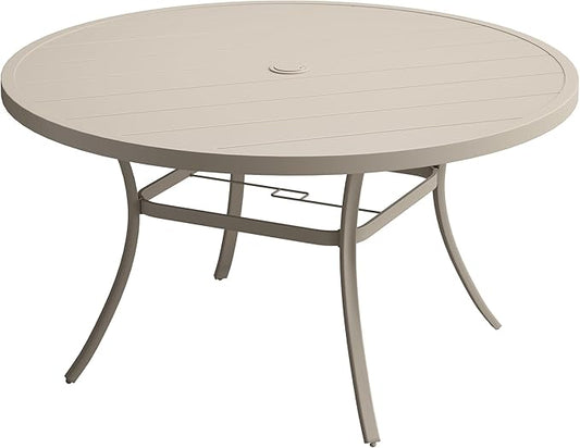 DIFY 50" Round Outdoor Patio Dining Table for 6, Metal Patio Table with 1.57" Adjustable Umbrella Hole, All-Weather Dining Furniture Table for Backyard Lawn Garden, Sandshell