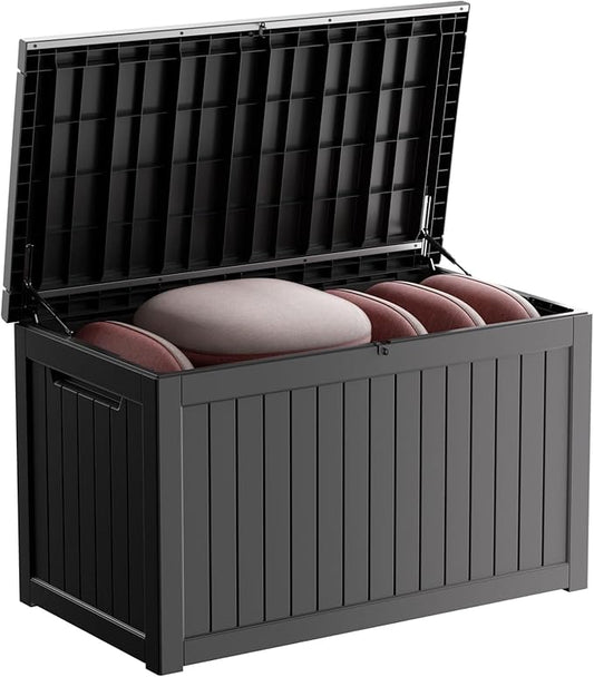 EasyUp 230 Gallon Outdoor Storage Box Waterproof, UV Resistant Resin Deck Box with Hydraulic Rod, Reinforced Stability for Patio, Garden,Striped Black