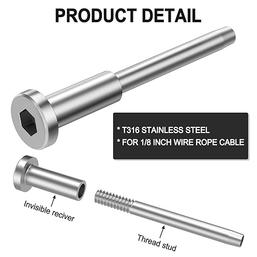 BLIKA 24 Pack Invisible Cable Railing Kit, T316 Stainless Steel 1/8" Invisible Receiver and Swage Stud End for Cable Railing, Swage Tensioner 1/8" for Wood/Metal Post, Cable Railing Hardware