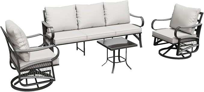 4 Piece Patio Furniture Set, All Weather Metal Outdoor Conversation Set with Swivel Chairs, Thick Cushions and Coffee Table for Garden, Porch, Lawn, Beige