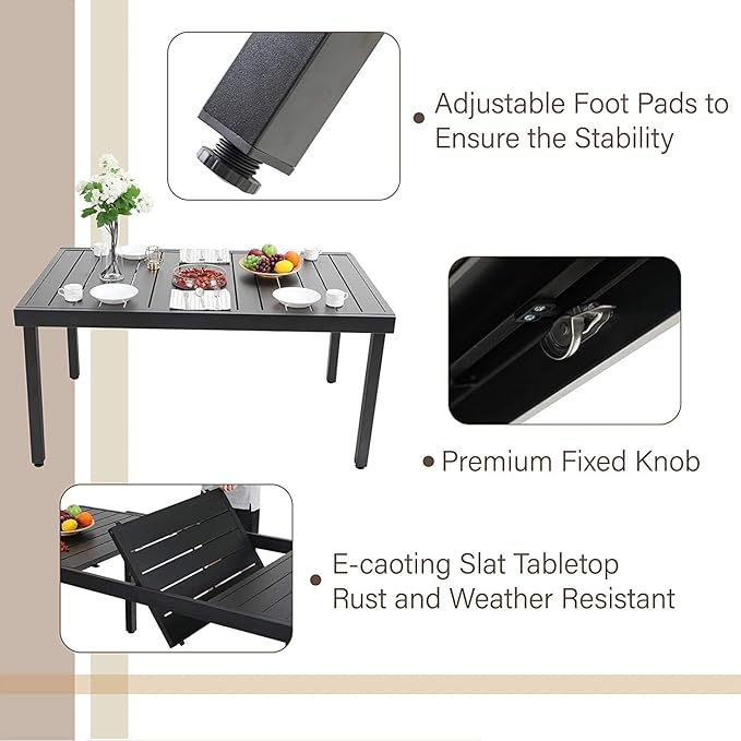 MFSTUDIO 7 PCS Patio Dining Set, Rectangular Expandable Black Metal Table with 6 Padded Textilene Fabric Chairs, Outdoor Furniture Set for Garden, Poolside, Backyard, Porch
