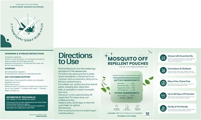 Mosquito Repellent Outdoor Patio Mosquito Repellent Pouches with Essential Oils – Long-Lasting Plant-Based Formula with Geraniol, Citronella, Peppermint – 10-Pack