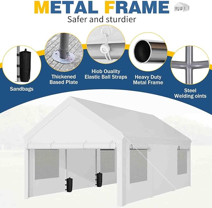 Shintenchi Carport 10' x 20' Heavy Duty Portable Garage, Carport Canopy with Side-Opening Door & Roll-Up Windows, Car Canopy for Truck,Car,Boat,White/Silver