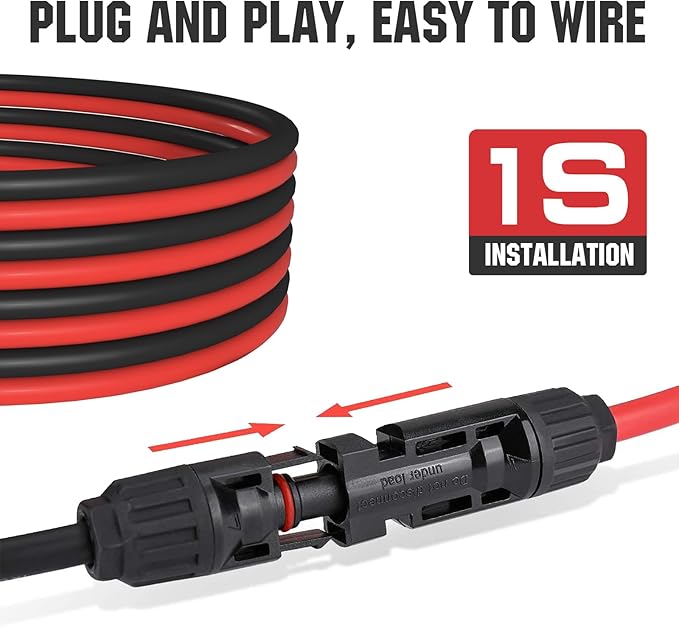 ECO-WORTHY 10FT 10AWG Solar Extension Cable 30A/1000V DC, IP67 Waterproof with Compatible Quick Connectors (Red+Black) for Solar Panels, Controllers, Off-Grid Systems