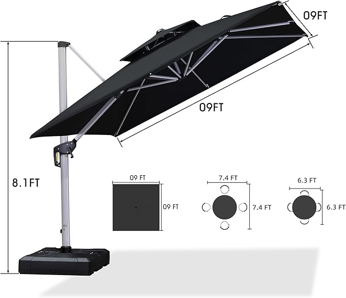 PURPLE LEAF 9 FT Cantilever Patio Umbrellas with Base Included, Large Square Offset Umbrella with 360° Rotation, Outdoor Aluminum Pool Umbrella for Pool Lawn Garden, Black