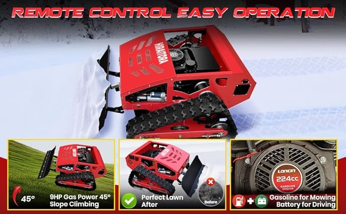 9HP Gas-Electric Hybrid Remote Control Lawn Mower with Snow Plow, 4WD Crawler, Electric Start, 45° Slope Climbing, All-Season Use
