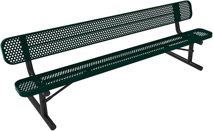 COATEDOUTDOORFURNITURE Heavy-Duty Portable Outdoor Bench Thermoplastic Coated, Punched Steel, Commercial-Grade Seating, Made in America (Portable with Back, 8 Ft, Textured Dark Green)