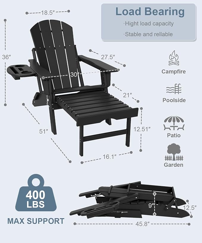 Adjustable Adirondack Chair with Retractable Ottoman Set of 8, HDPE Folding Adirondack Chair with Cup Holder, All Weather Fire Pit Chair for Outdoor.