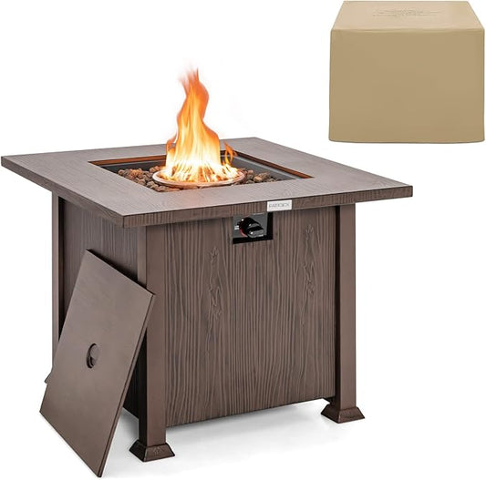 Tangkula 32 Inches Propane Fire Pit, Patiojoy 50,000 BTU Gas Fire Pit Table with Lid, Lava Rocks, Protective Cover, 2-in-1 Outdoor Fire Table with Adjustable Flame, Stainless Steel Burner (Brown)